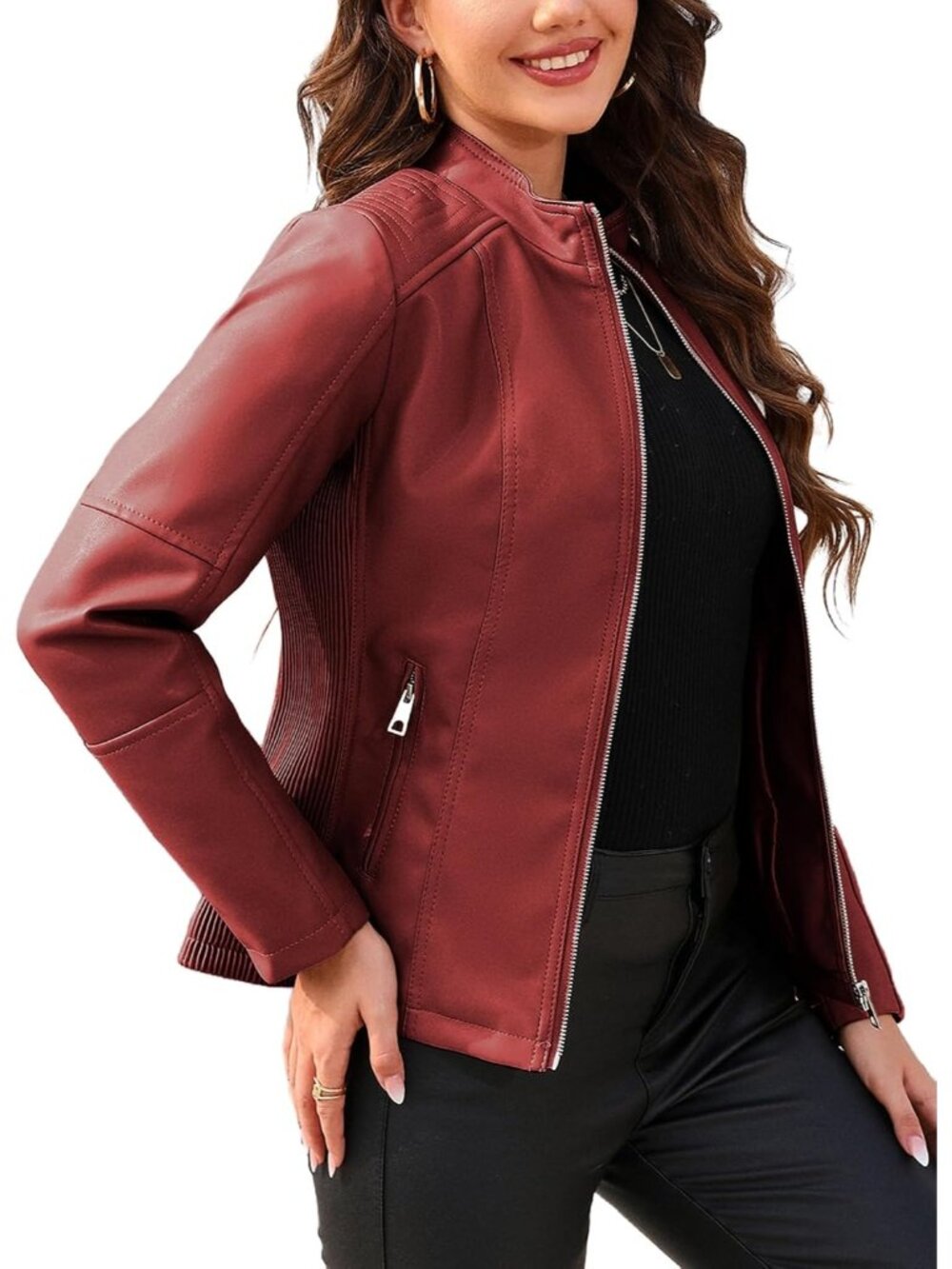 Women's Coal Red Faux Leather Stand Collar Lightweight Bomber Jackets